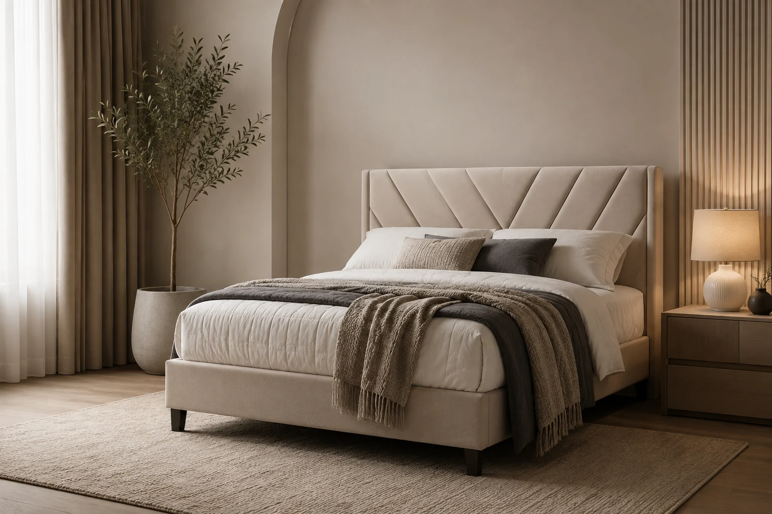 Cama Queen tapizada en dormitorio moderno
